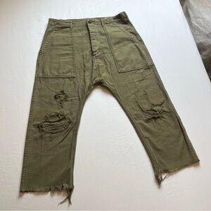 R13 olive army green utility Japanese denim distressed cropped straight leg pant